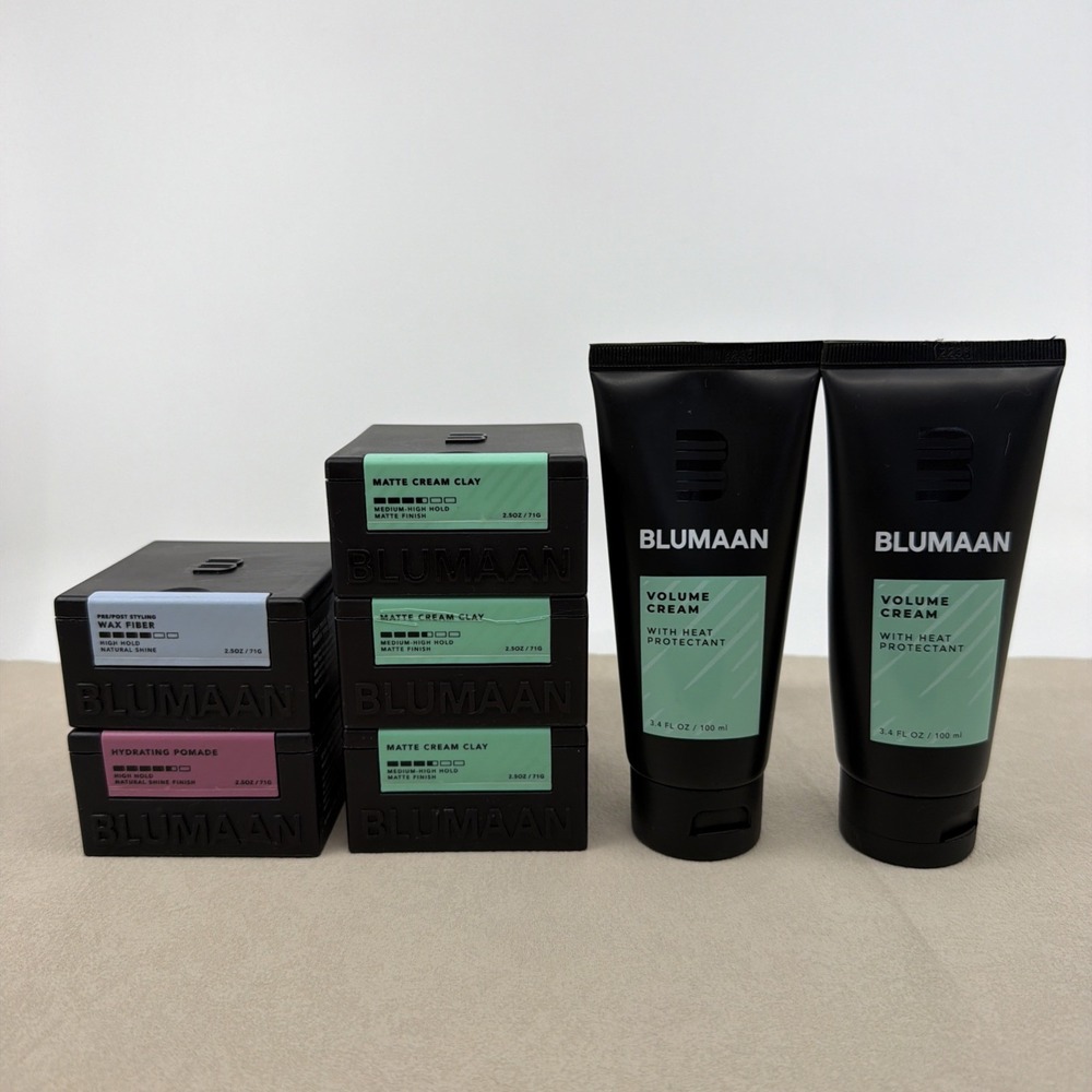 Blumaan Volume Cream Clay Wax And Pomade All Open With Swatched Tops Read Desci